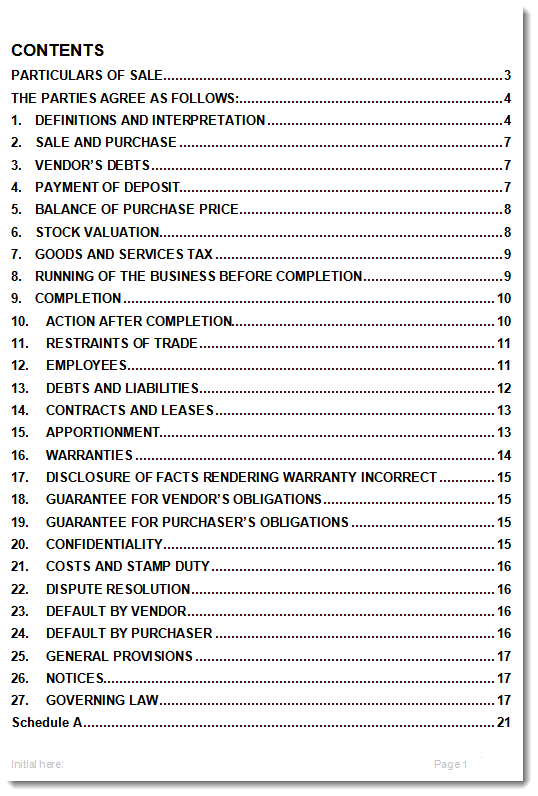 Sale of Business Agreement Sample Contents Page