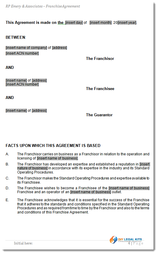 Franchise Agreement Form Contract