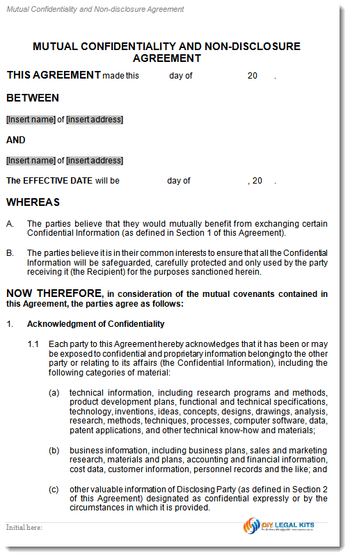 Mutual Confidentiality Agreement Sample
