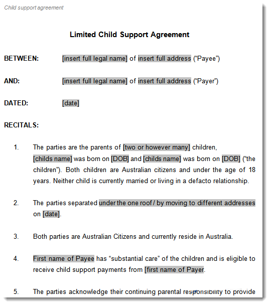 Child Support Agreement Sample Page 1