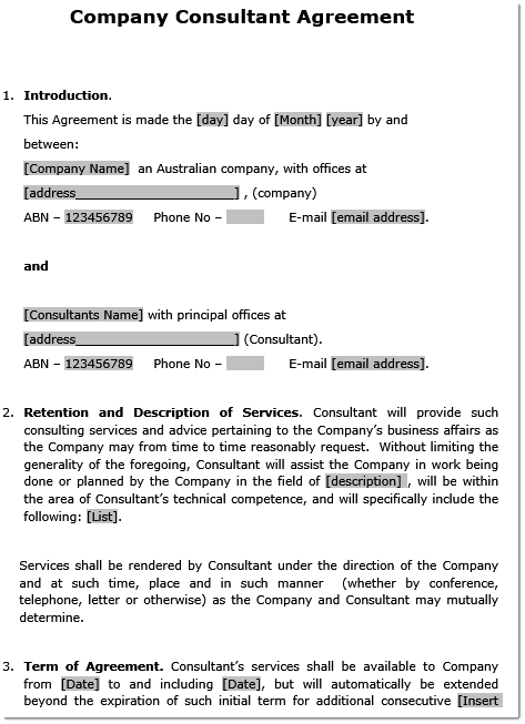 COmpany COnultants Agreement Sample page 1