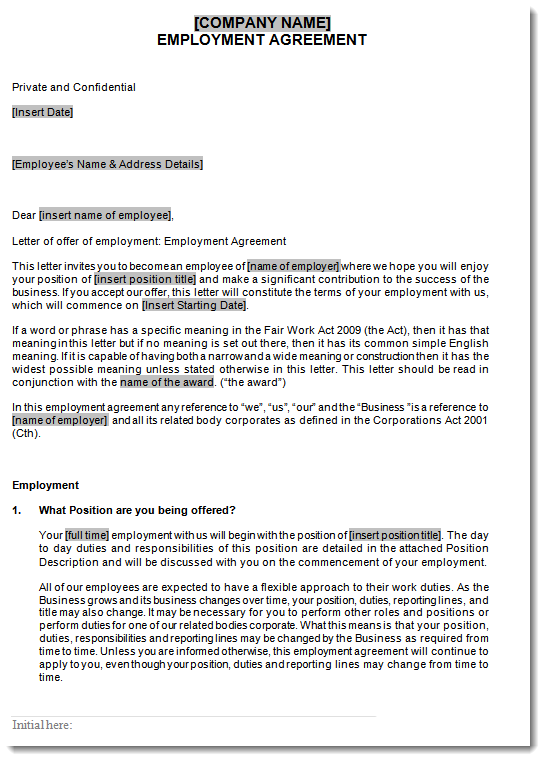General Employment Agreement Sample Page 1
