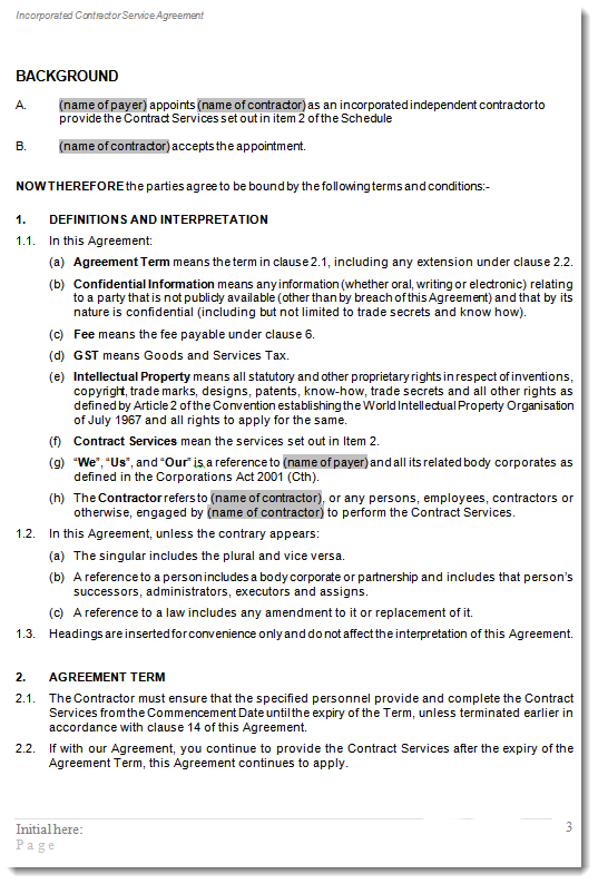 Incorporated Contractor Agreement Sample Page 3