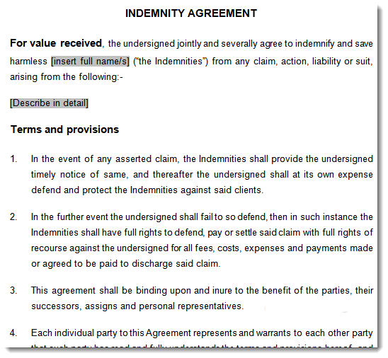 indemnity agreement sample page