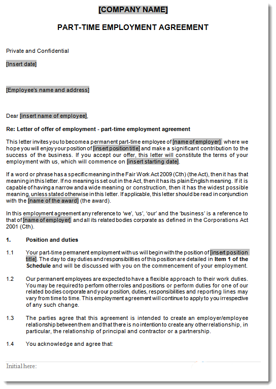 Part time Employment Agreement Sample Page 1