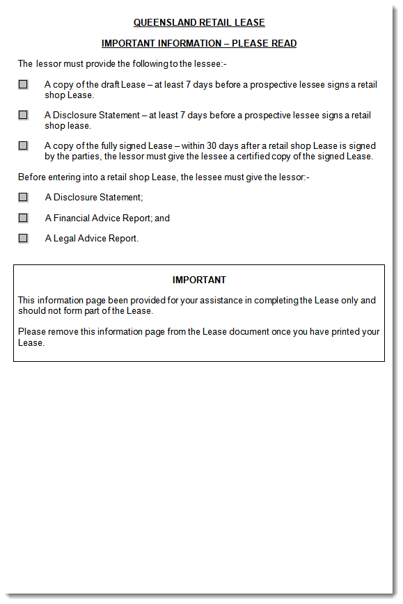 Queensland Retail Lease Agreement Sample Page 1