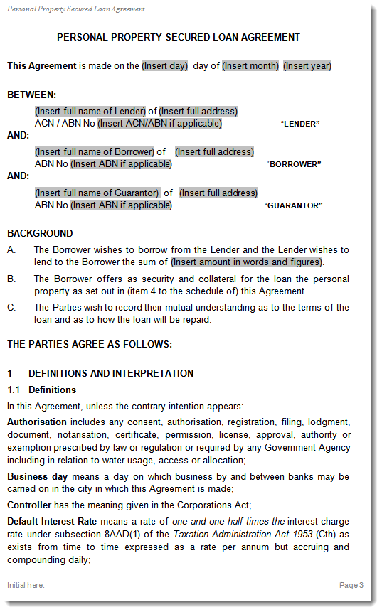 secured loan agreement sample page 1