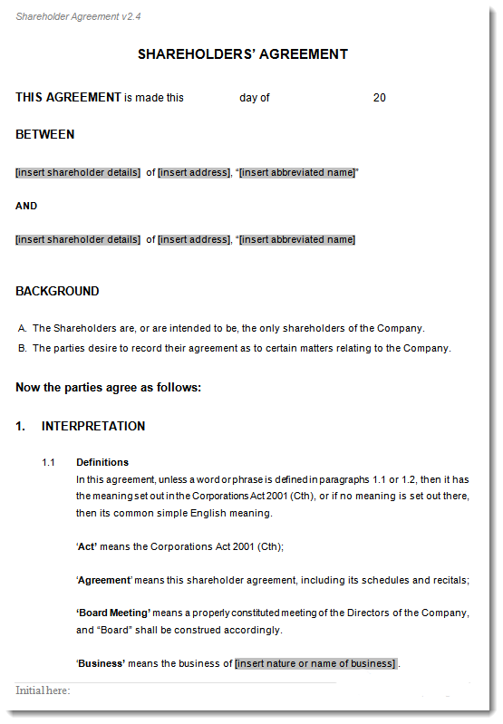 shareholder agreement sample excerpt 1