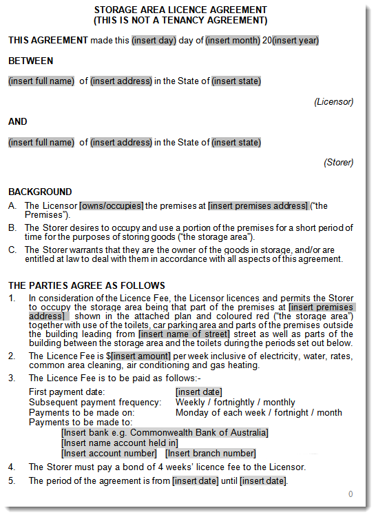 storage space licence agreement sample excerpt 1
