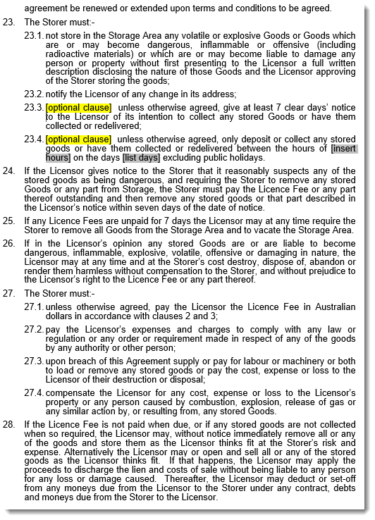 storage space licence agreement sample excerpt 2