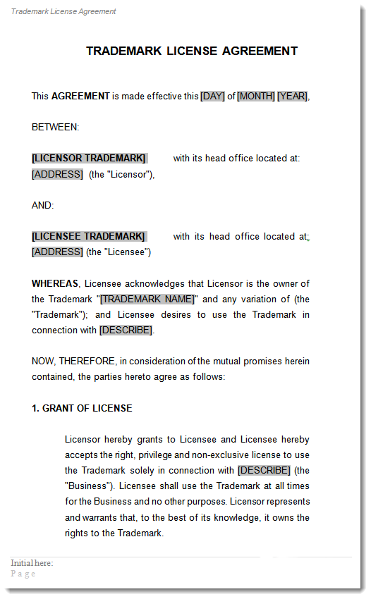 trademark license sample page 1