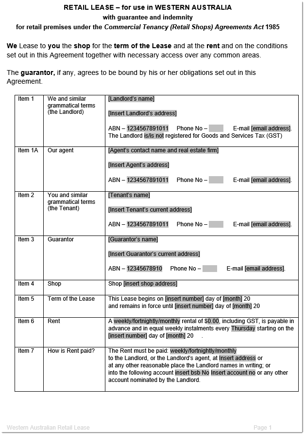 WA retail lease agreement sample page 2
