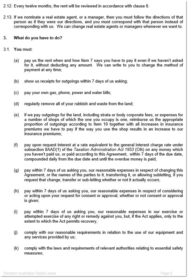 WA retail lease agreement sample page 3